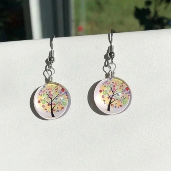 Purple Red Yellow Green Glass Tree 3D Drop Earrings NWT - Picture 1 of 3